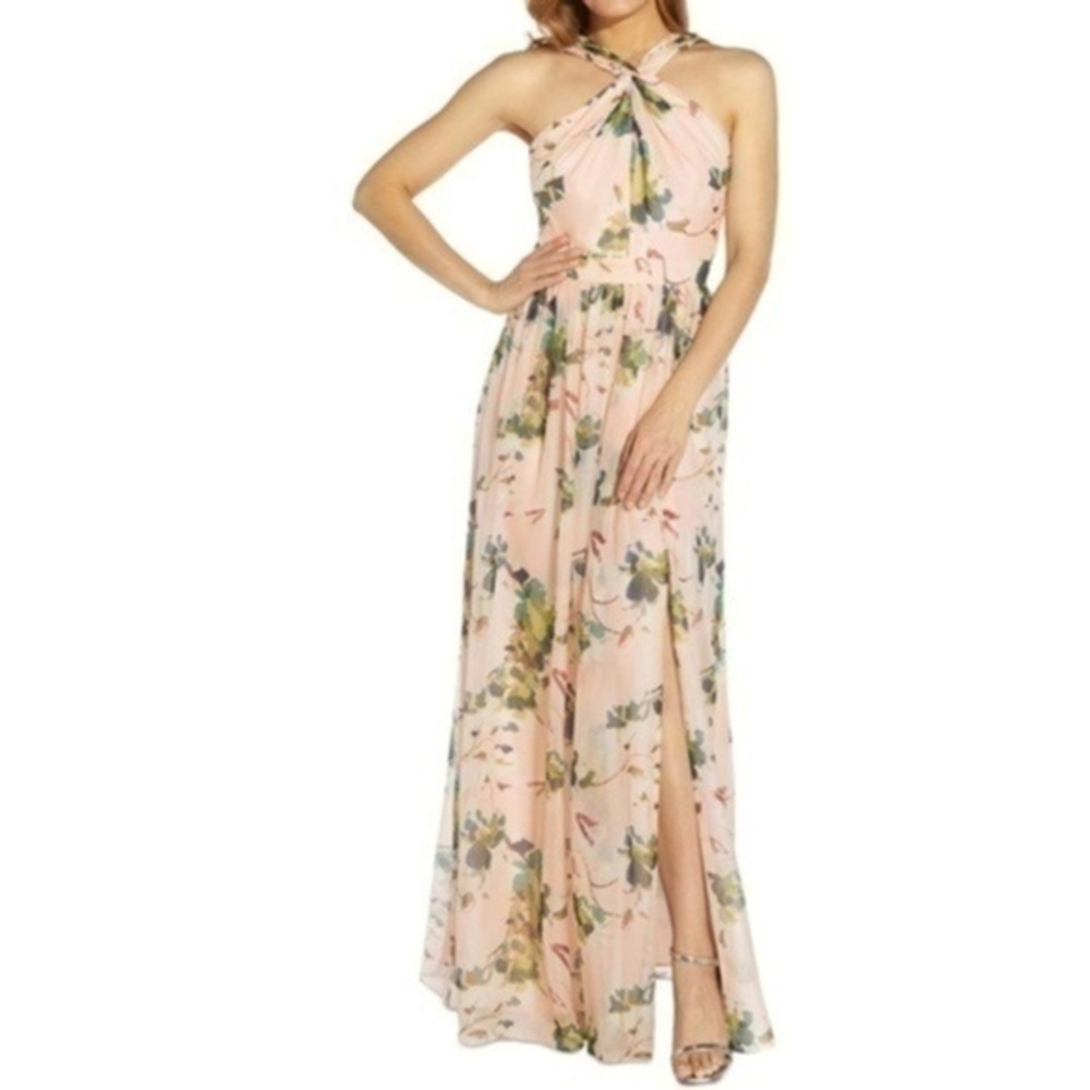 Adrianna Papell Pink Floral Twist-Halter Maxi Dress